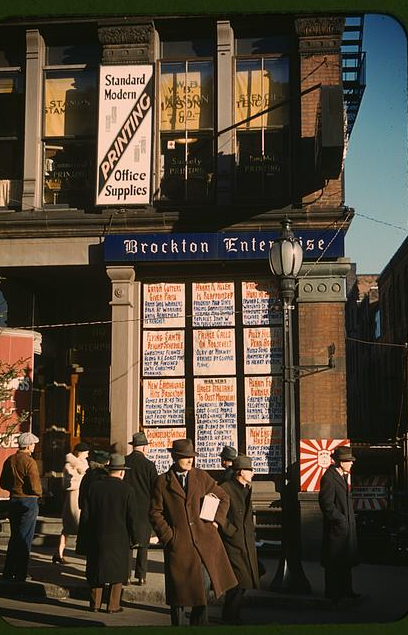 Headlines posted in street-corner window of newspaper off[ice] (Brockton Enterprise) ... Brockton, Mass.