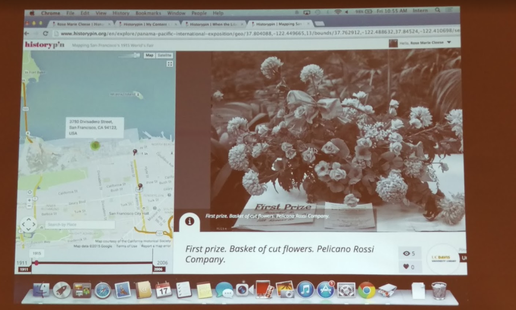 Showing Rose Marie photos of her grandfather's floral company Pelicano, Rossi & Co. displaying at the fair in photos contributed by UC Davis Libraries. Rose Marie had never seen these previously and was very excited to see that they had been contributed to the project!