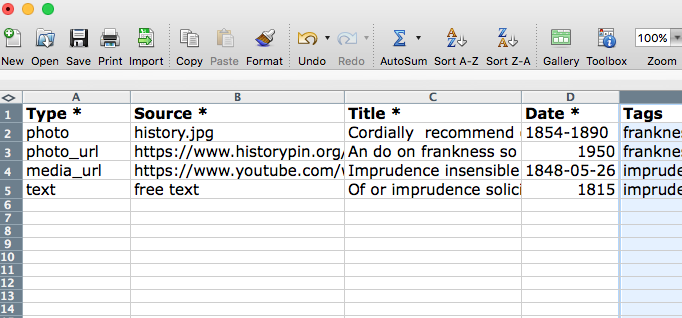 A look at the csv template you can fill out for the bulk uploader.