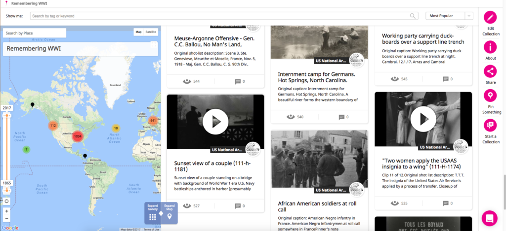 A screenshot of photos and film clips already mapped in Historypin's Remembering WWI