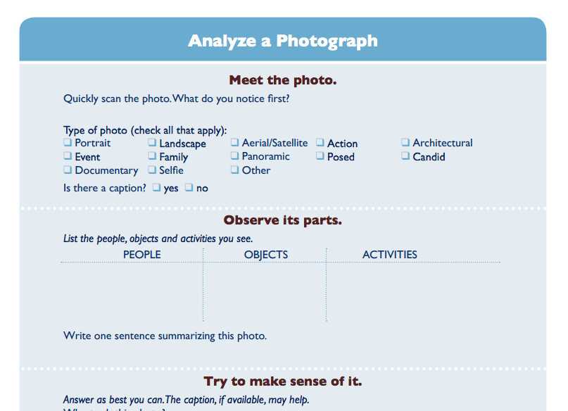 Screenshot of photo document analysis worksheet from NARA